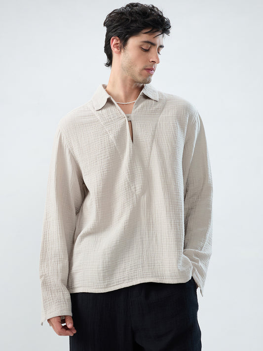 Cloud Grey Cuffless Double Cloth Oversized Shirt