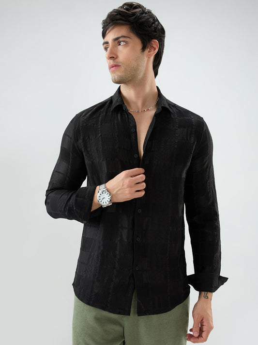 Jet Black Block Checks Motif Embossed Textured Shirt
