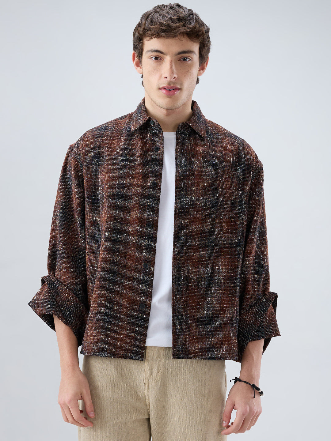 Sanjh Shaam Glossy Brown Textured Cuffless Oversized Crop Shirt