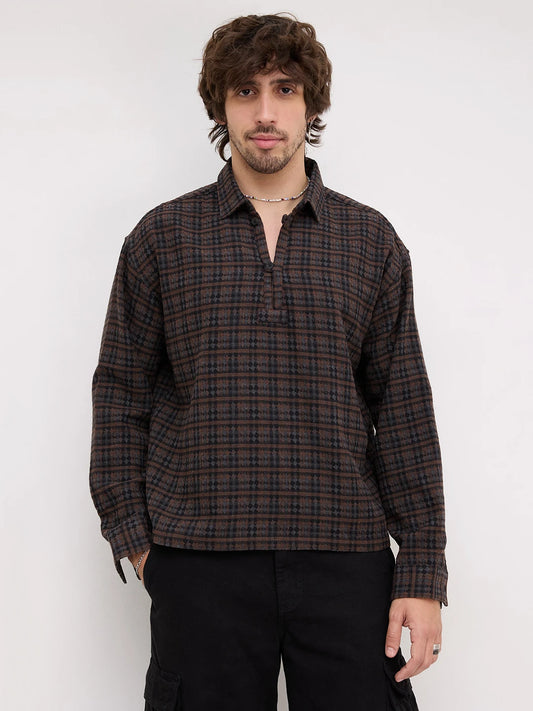 Luxe Brown Motif Panelled Loop Button Oversized Flannel Shirt