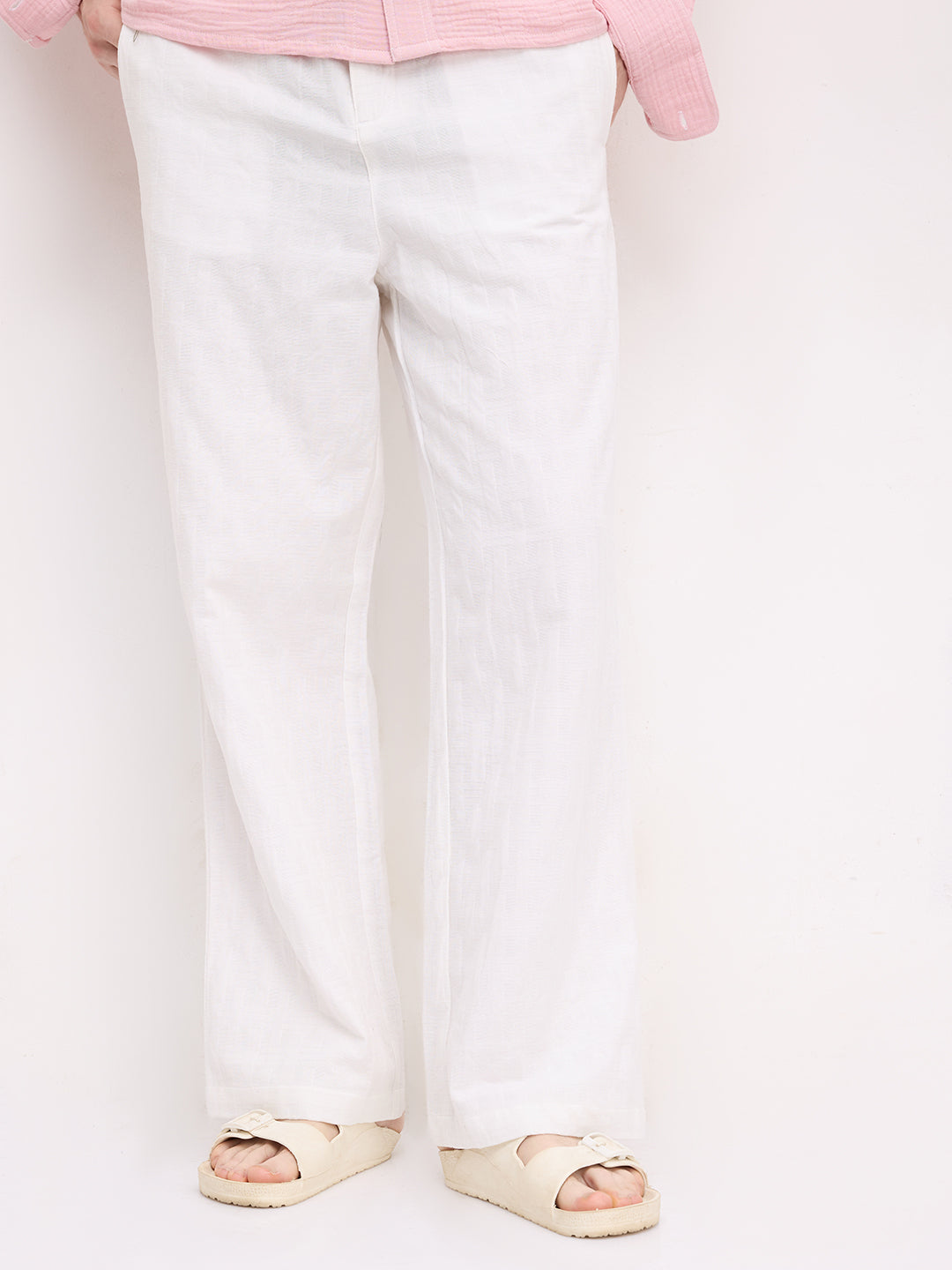 Distinctive Pearl White Architectural Weave Wide Leg Trousers