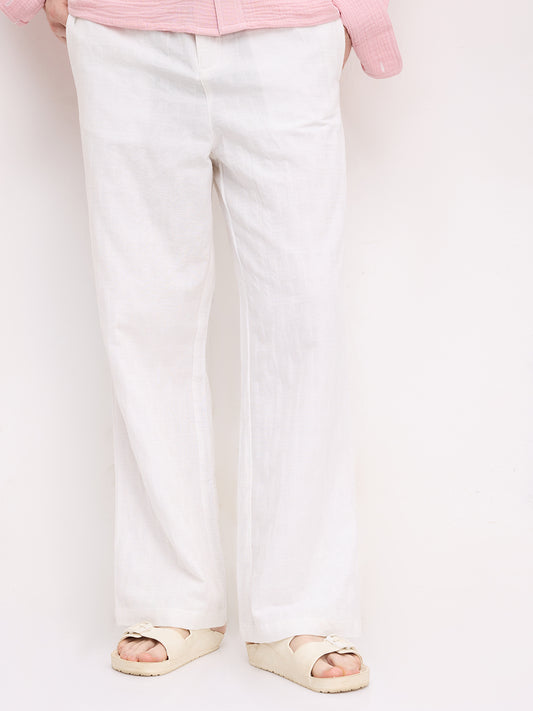 Distinctive Pearl White Architectural Weave Wide Leg Trousers
