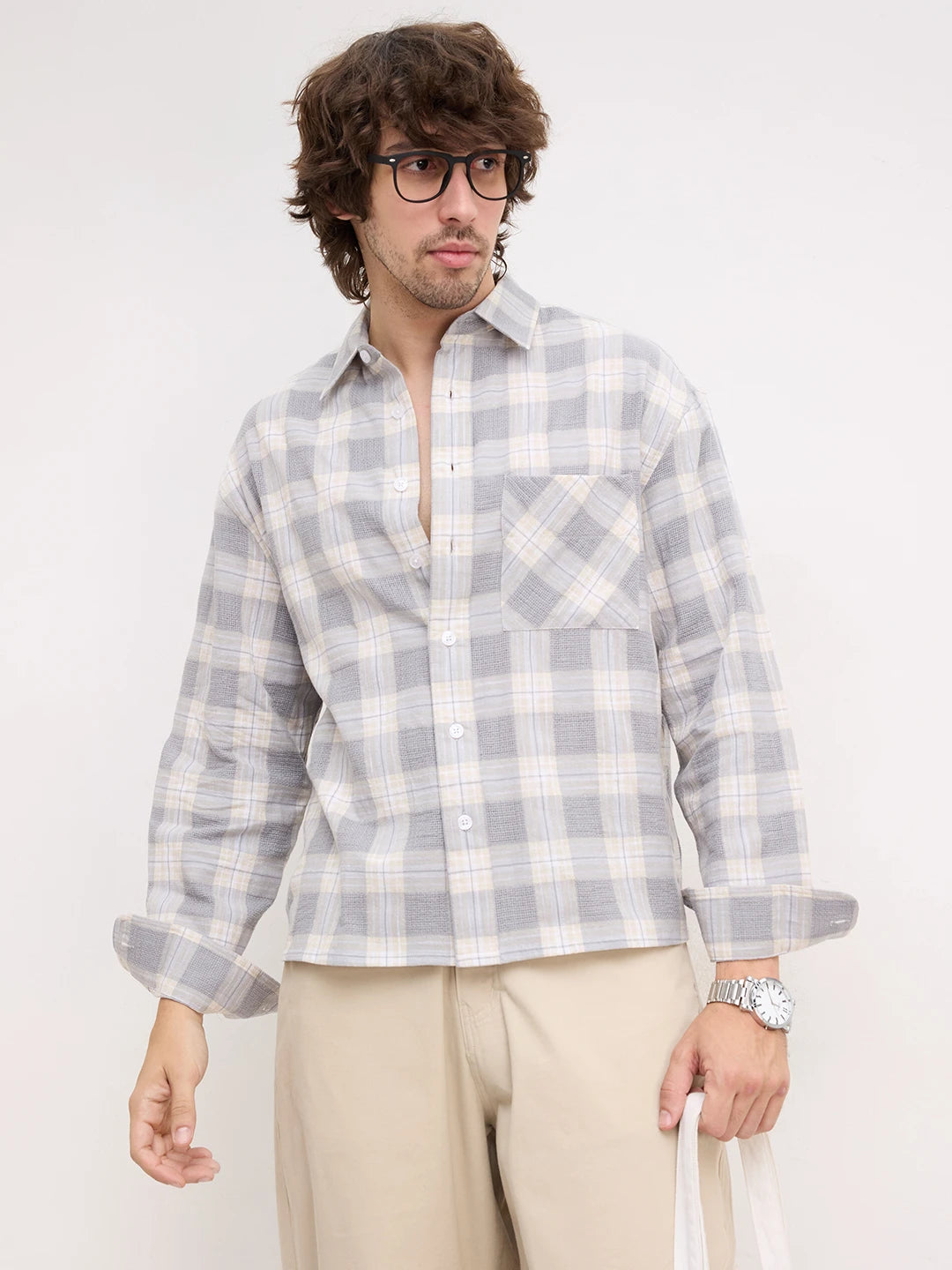 Grey & Beige Structured Check Weave Boxy Fit Crop Shirt