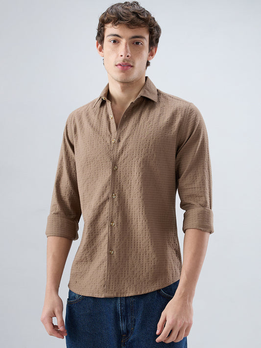 Mocha Brown Box Checks Embossed Double Cloth Shirt