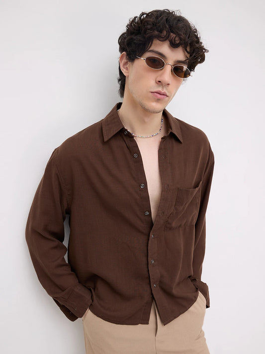 Classic Coffee Brown Boxy Fit Crop Shirt