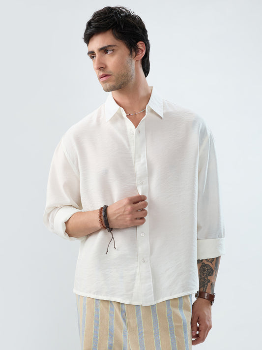 Solid White Crinkled Boxy Fit Crop Shirt