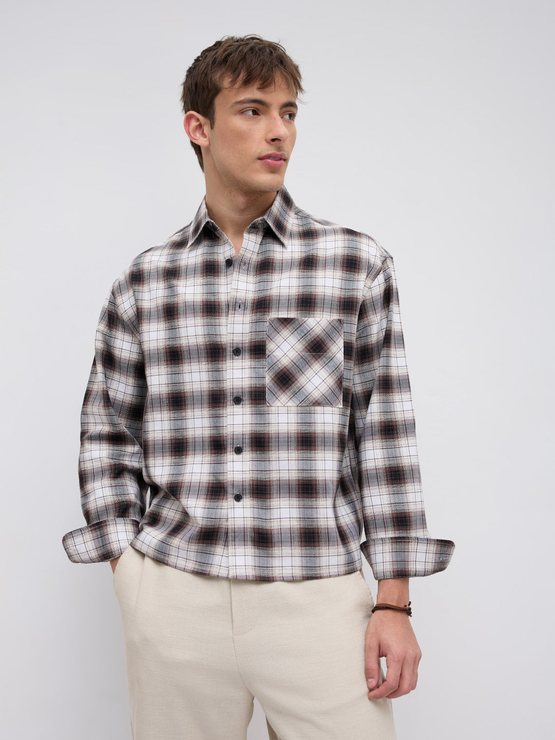 Brown & Ivory Crosshatch Checks Boxy Fit Crop Shirt