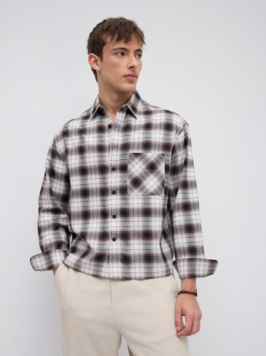Brown & Ivory Crosshatch Checks Boxy Fit Crop Shirt