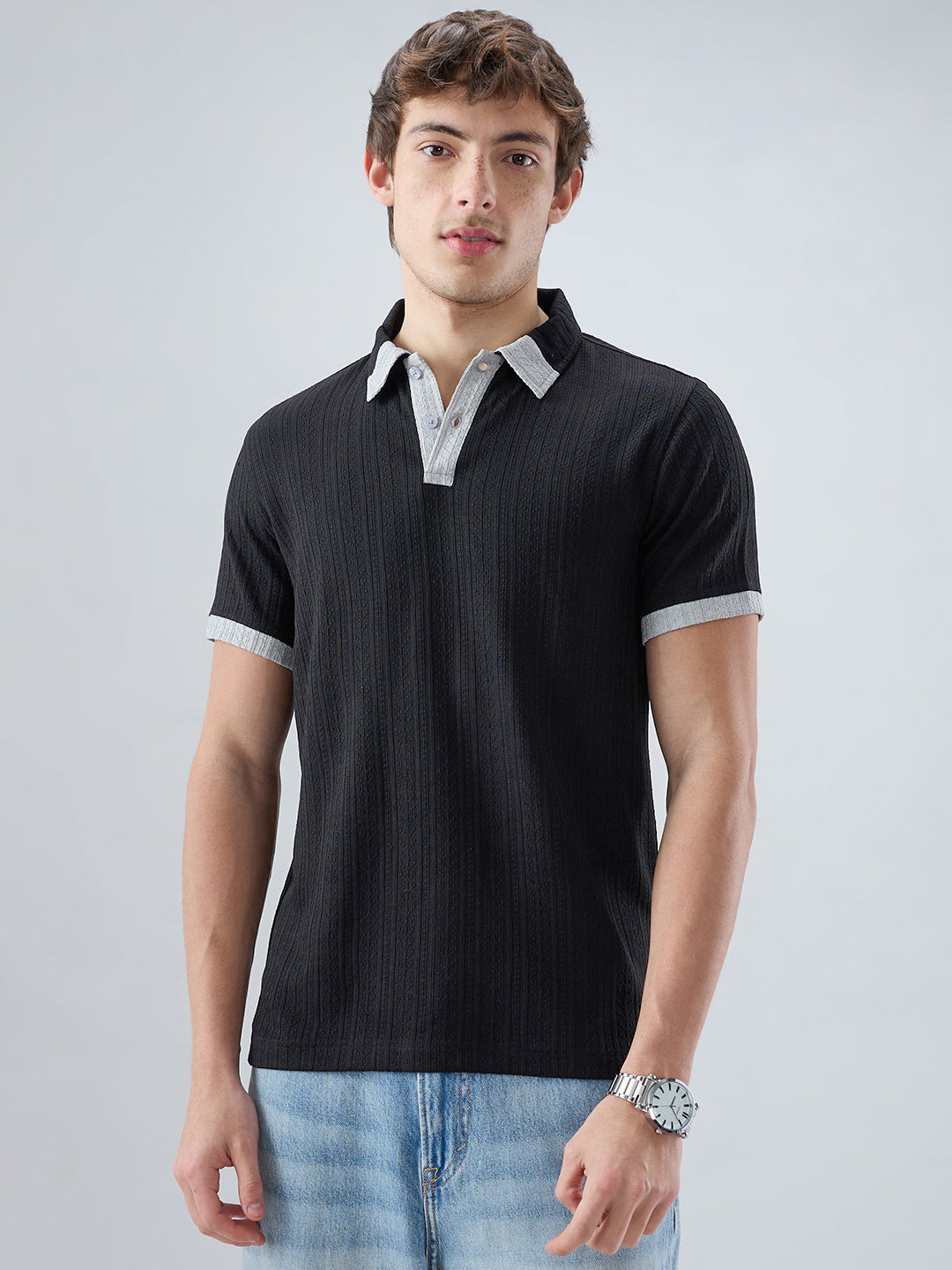 Rich Black Contrast Polo Neck Knit T-shirt