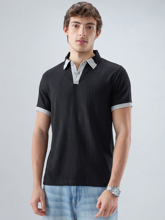 Rich Black Contrast Polo Neck Knit T-shirt