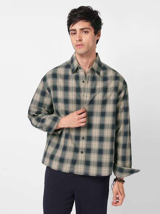 Midnight Navy & Sand Mist Textured Checks Boxy Fit Crop Shirt