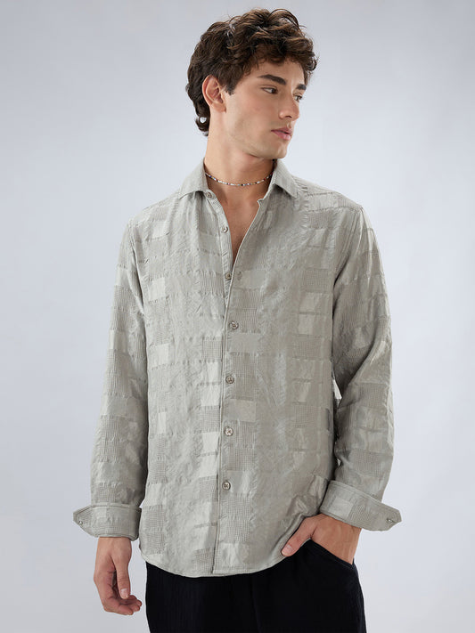 Grey Block Checks Motif Embossed Shirt