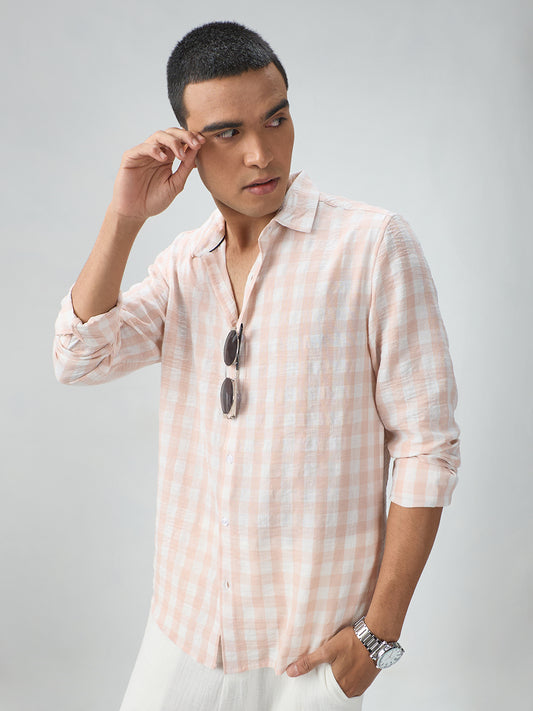 Soft Pastel Peach Box Checks Crinkled Shirt