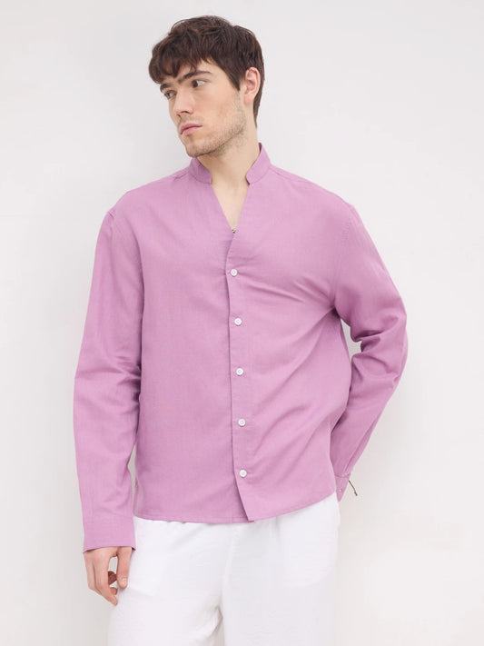Rich Lilac Linen Blend Stand Collar Oversized Shirt