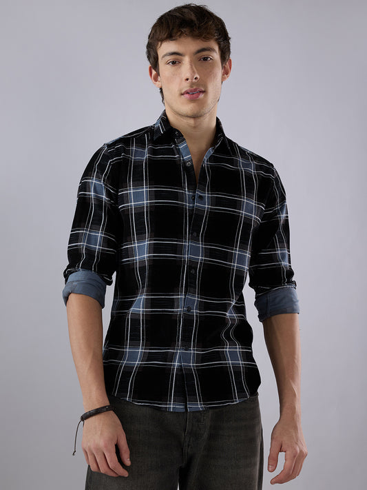 Refined Black & Blue Plaid Checks Flannel Corduroy Shirt