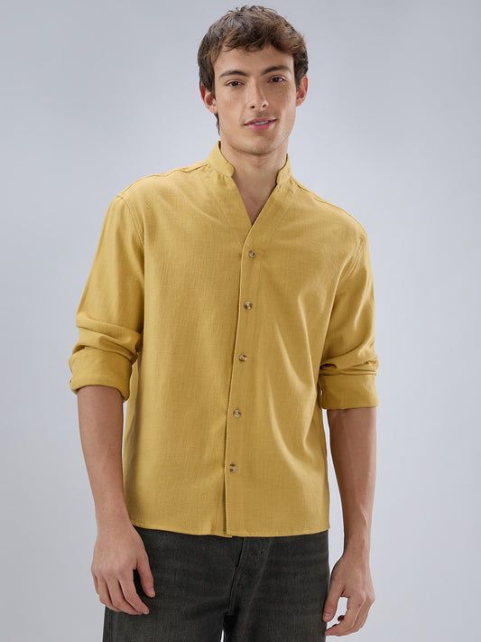 Soft Honey Yellow Diagonal Textured Stand Collar Oversized Shirt