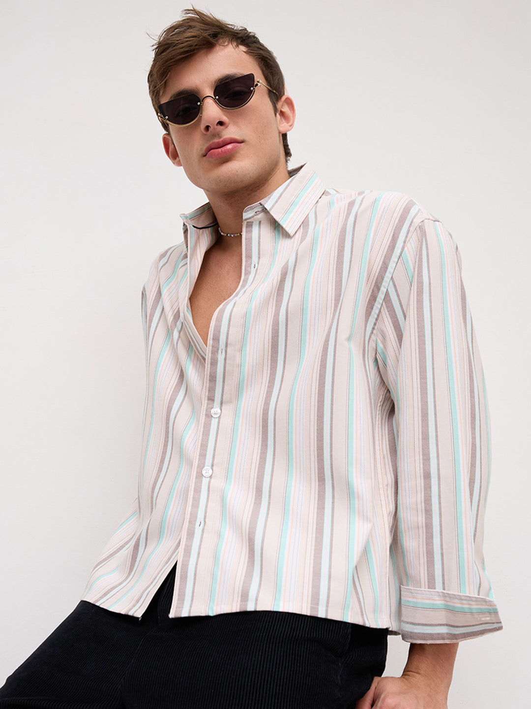 Sunwashed Multi Stripe Weave Boxy Fit Crop Shirt