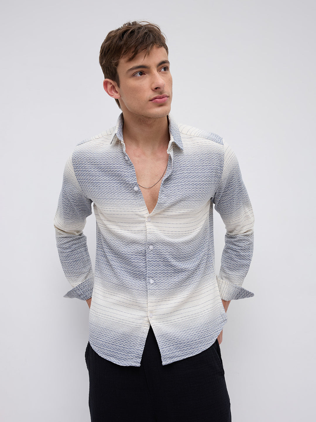 White & Blue Jacquard Wave Pattern Striped Shirt
