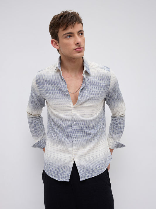 White & Blue Jacquard Wave Pattern Striped Shirt