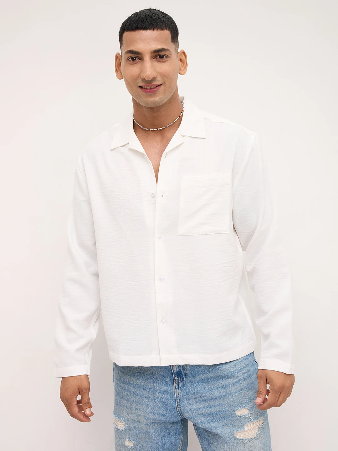 Pearl White Crinkled Notch Collar Oversized Shirt