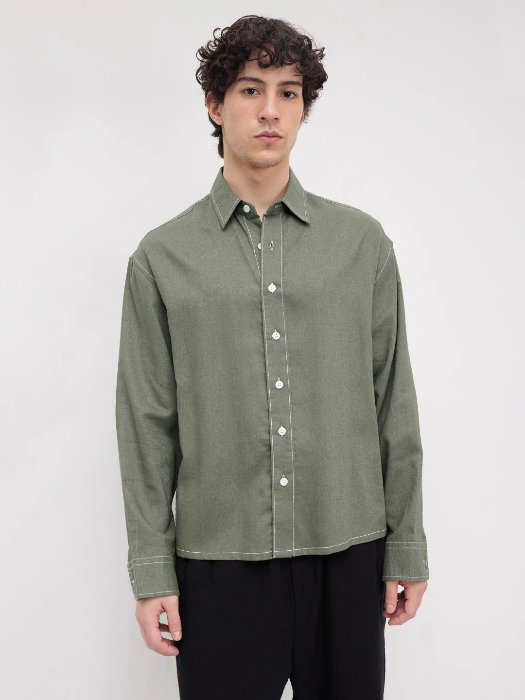 Luxe Olive Canvas Linen Blend Boxy Fit Crop Shirt