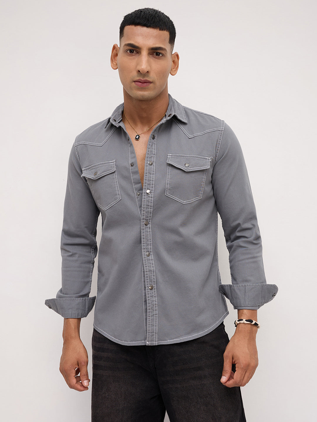 Slate Grey Contrast Stitch Twin Pocket Overshirt