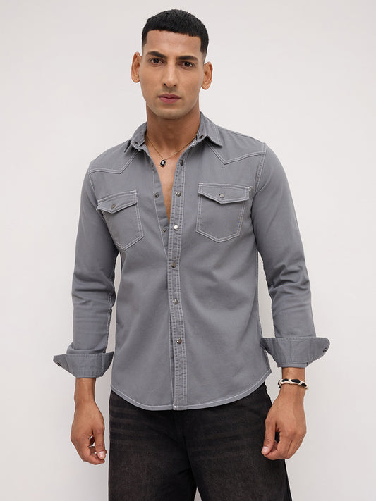 Slate Grey Contrast Stitch Twin Pocket Overshirt