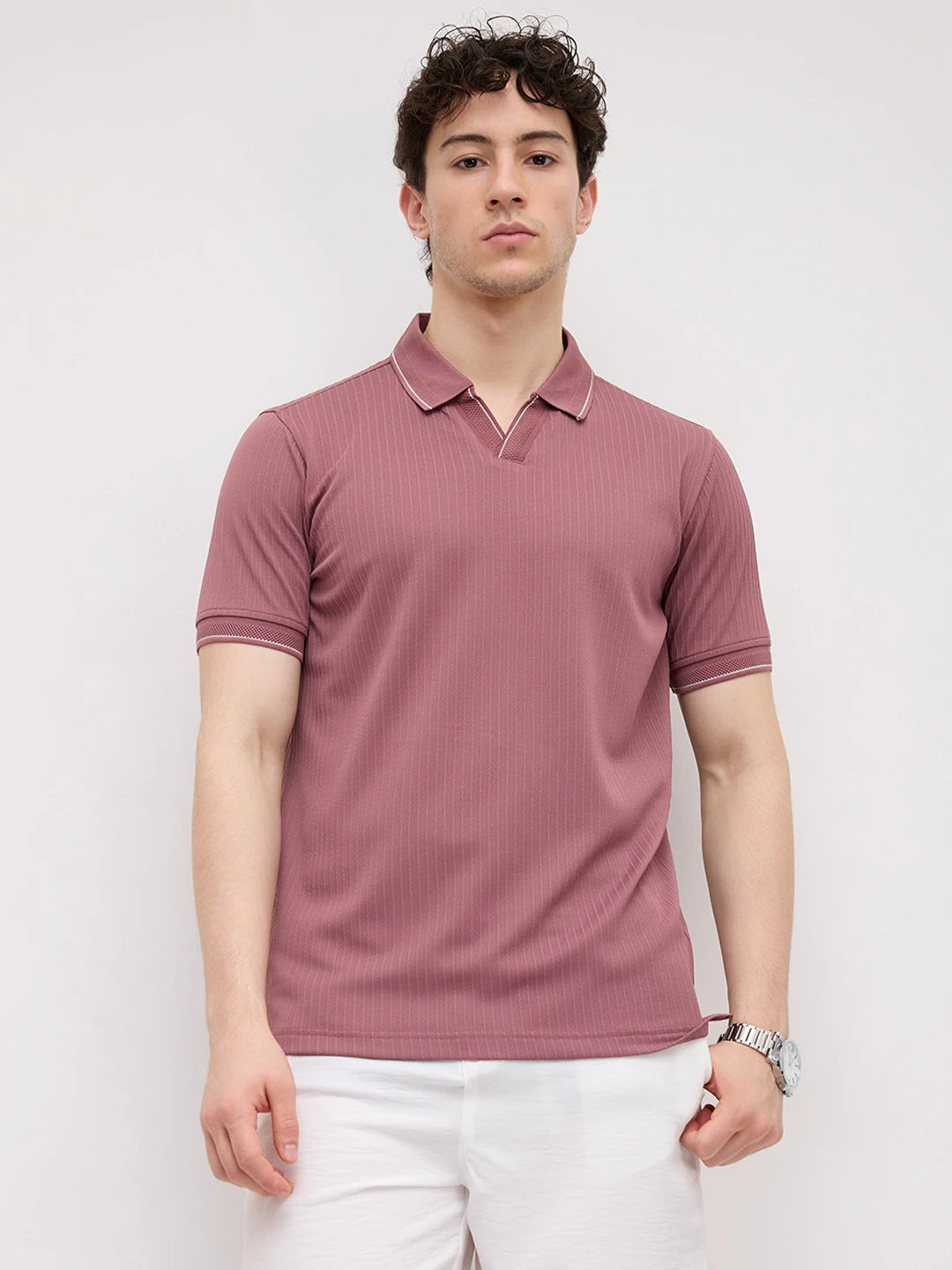 Rosewood Rib Striped Weave Polo Tee