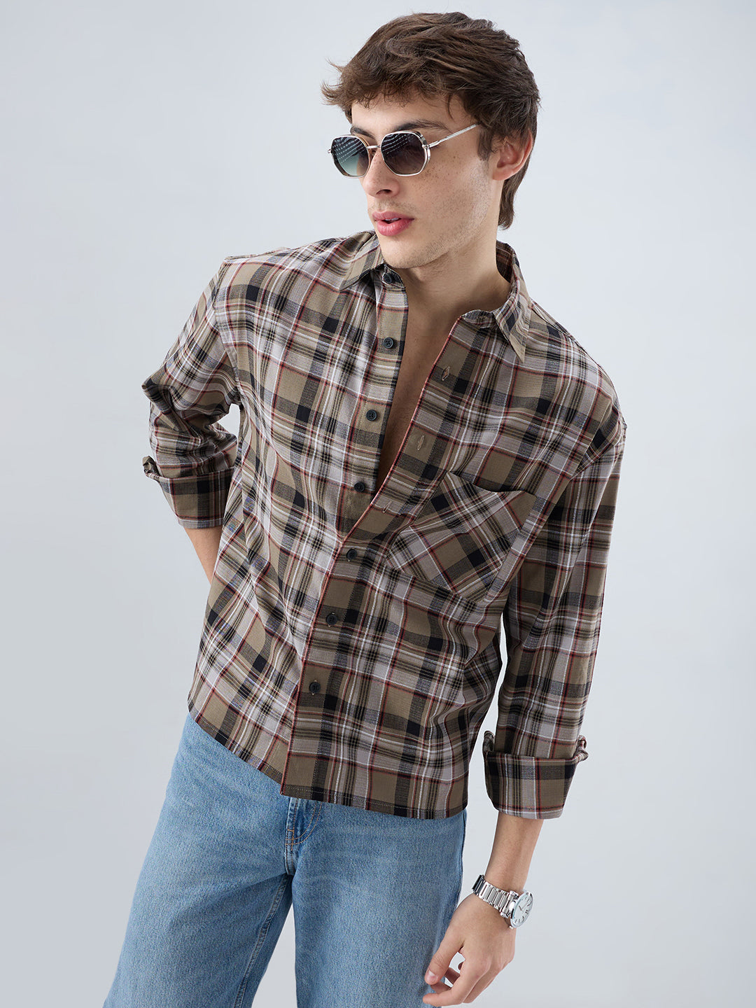Muted Olive Plaid Checks Boxy Fit Crop Shirt
