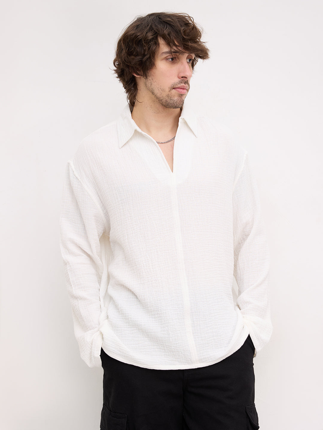 Snow White Double Cloth Center Seam Oversized Polo Shirt