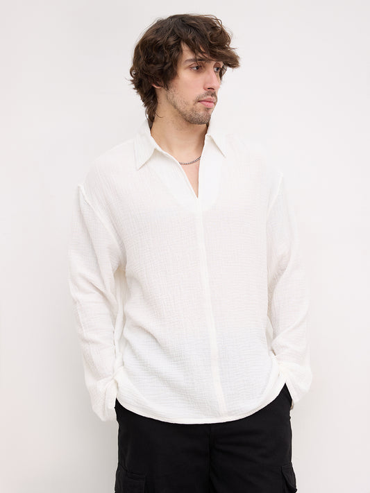 Snow White Double Cloth Center Seam Oversized Polo Shirt
