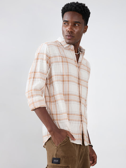 White & Brown Plaid Checks Crinkled Shirt