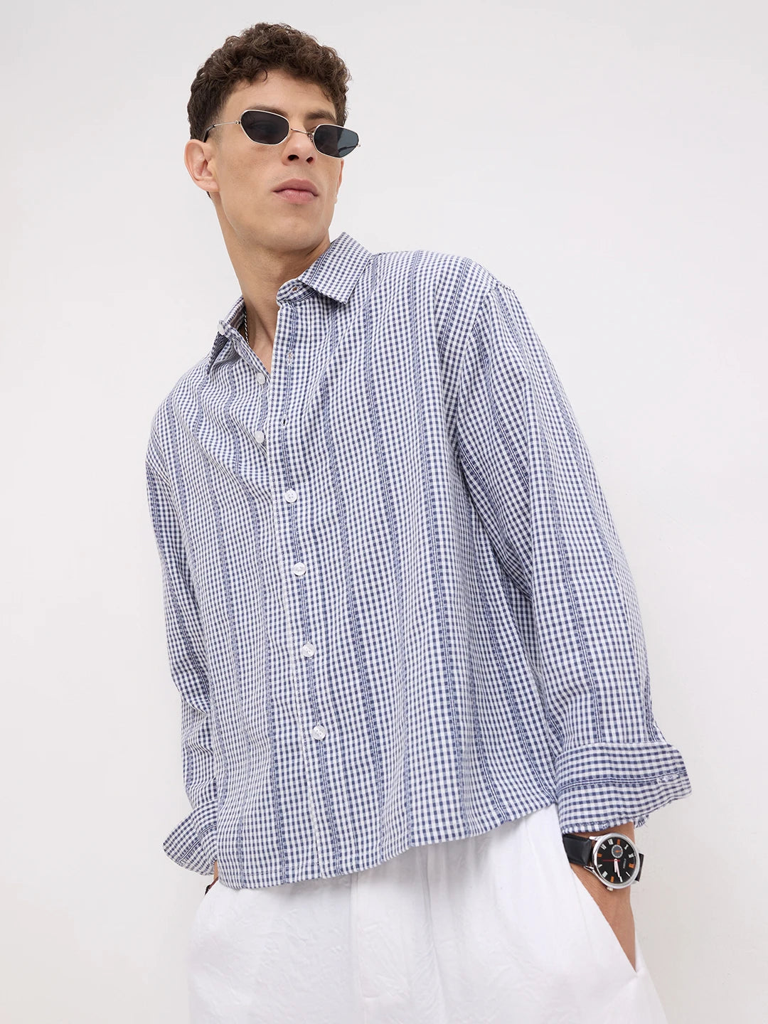 Breezy Blue Vacation Checks Boxy Fit Crop Shirt