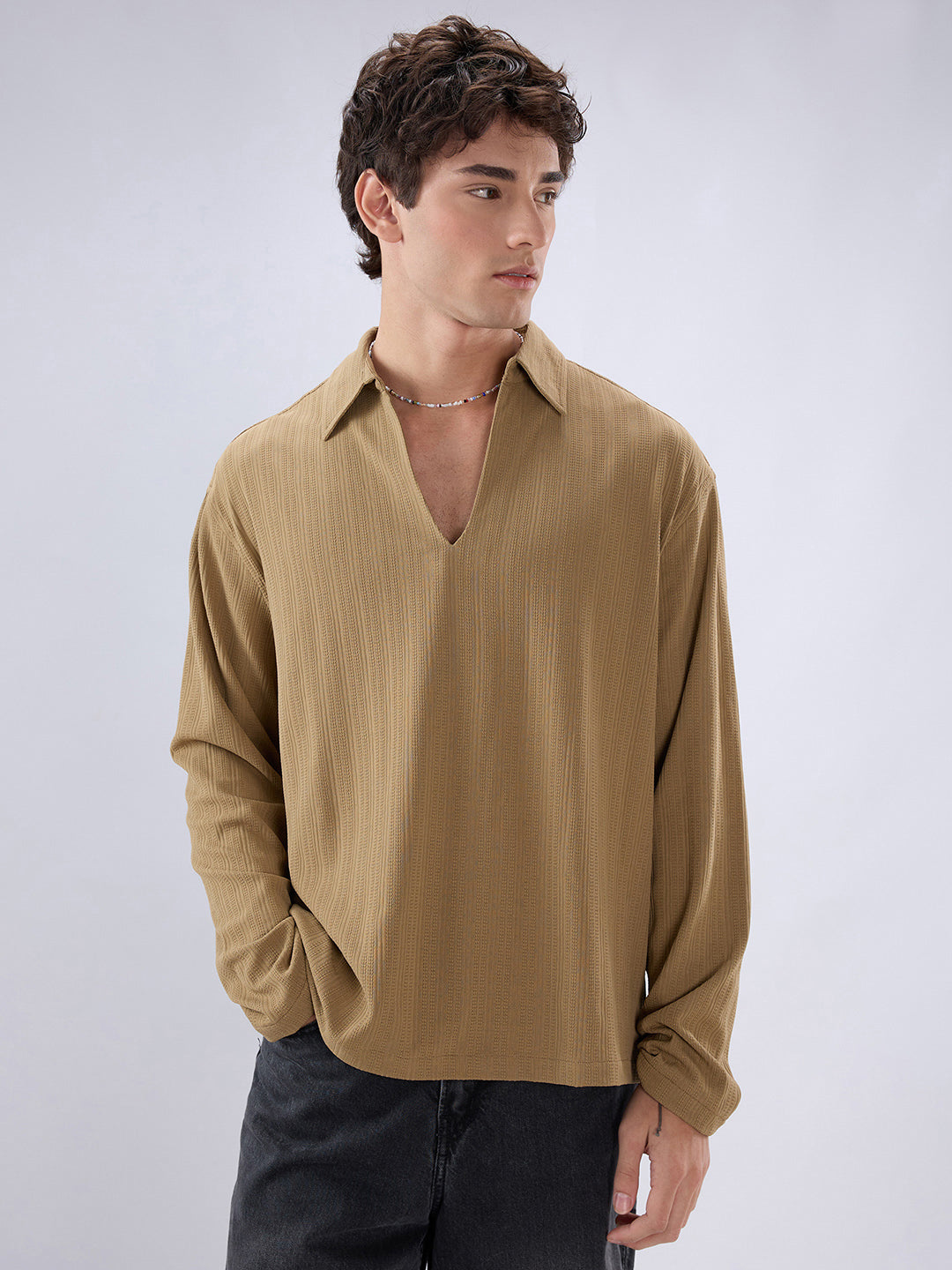 Soft Khaki Ribbed Textured Polo Oversized Knitted Shirt