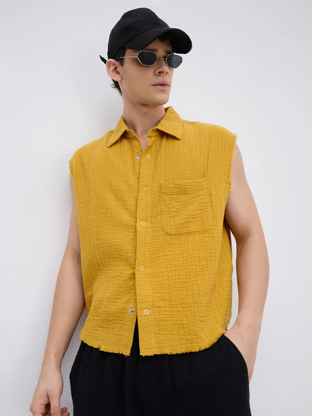Mustard Yellow Double Cloth Sleevless Crop Shirt