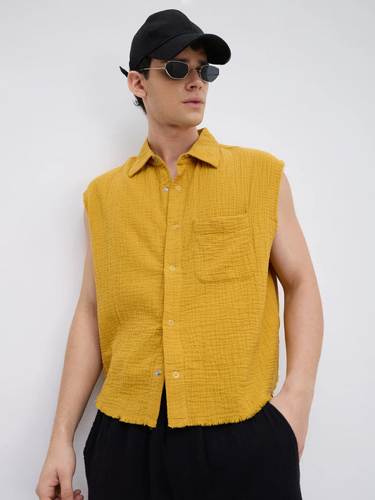 Mustard Yellow Double Cloth Sleevless Crop Shirt