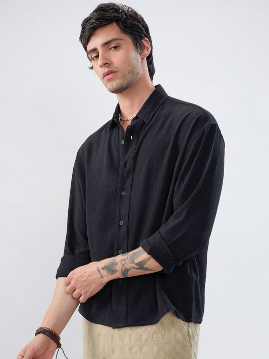 Timeless Black Subtle Textured Boxy Fit Crop Shirt