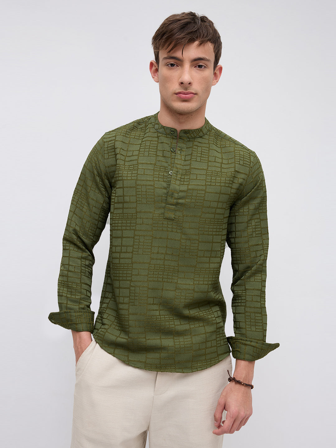 Classic Forest Green Maze Textured Kurta