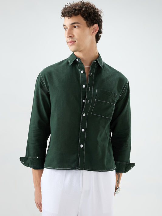 Luxe Sacramento Green Contrast Stitch Linen Blend Boxy Fit Crop Shirt