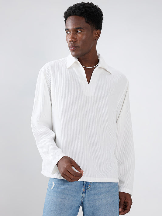 Snow White Refined Textured Knitted Oversized Polo Shirt