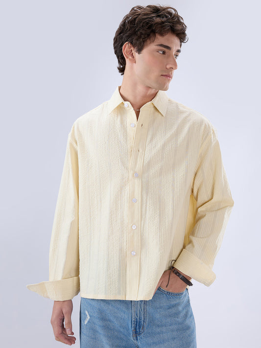 Lemon Yellow Seersucker Striped Boxy Fit Crop Shirt