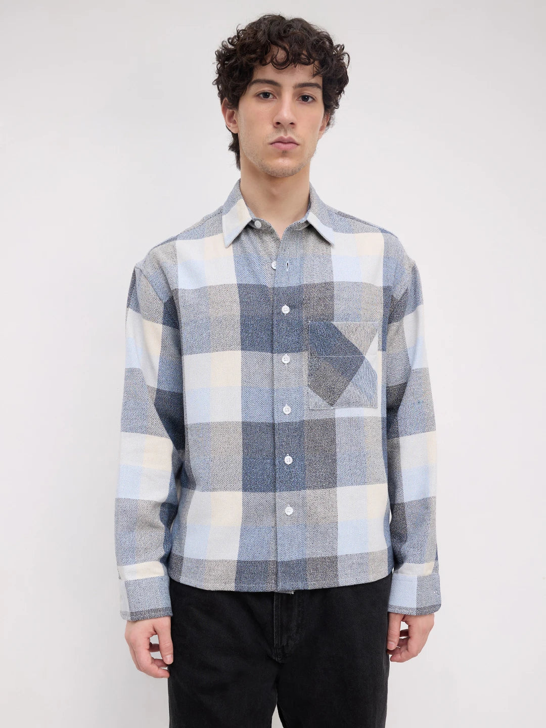 Navy & Blue Broad Checks Boxy Fit Flannel Crop Shirt