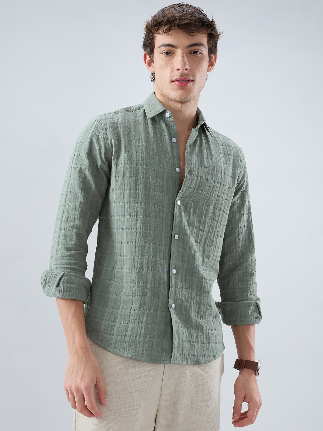 Sage Green Box Weave Double Cloth Seersucker Shirt