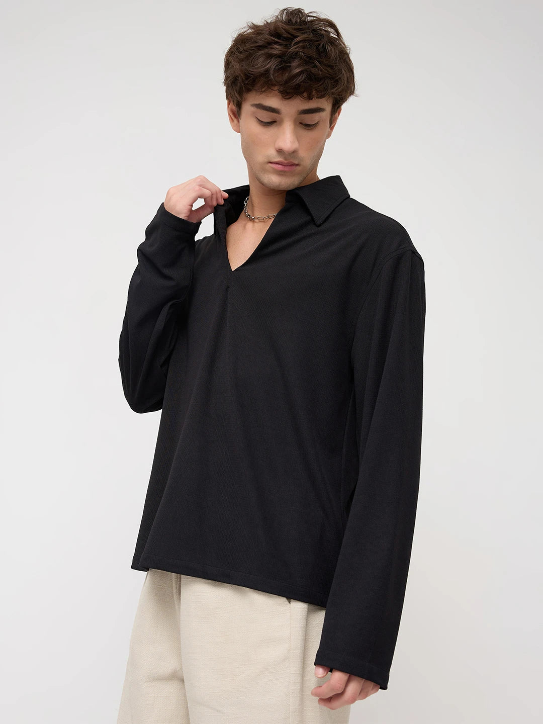 Timeless Black Oversized Knitted Polo Shirt