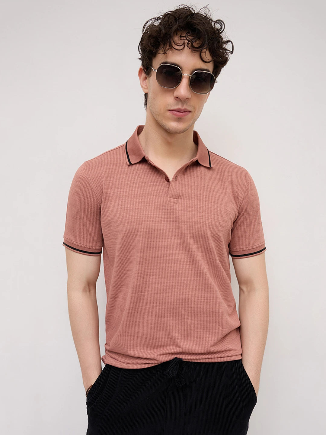 Coral Peach Grid Textured Contrast Polo Knit T-Shirt