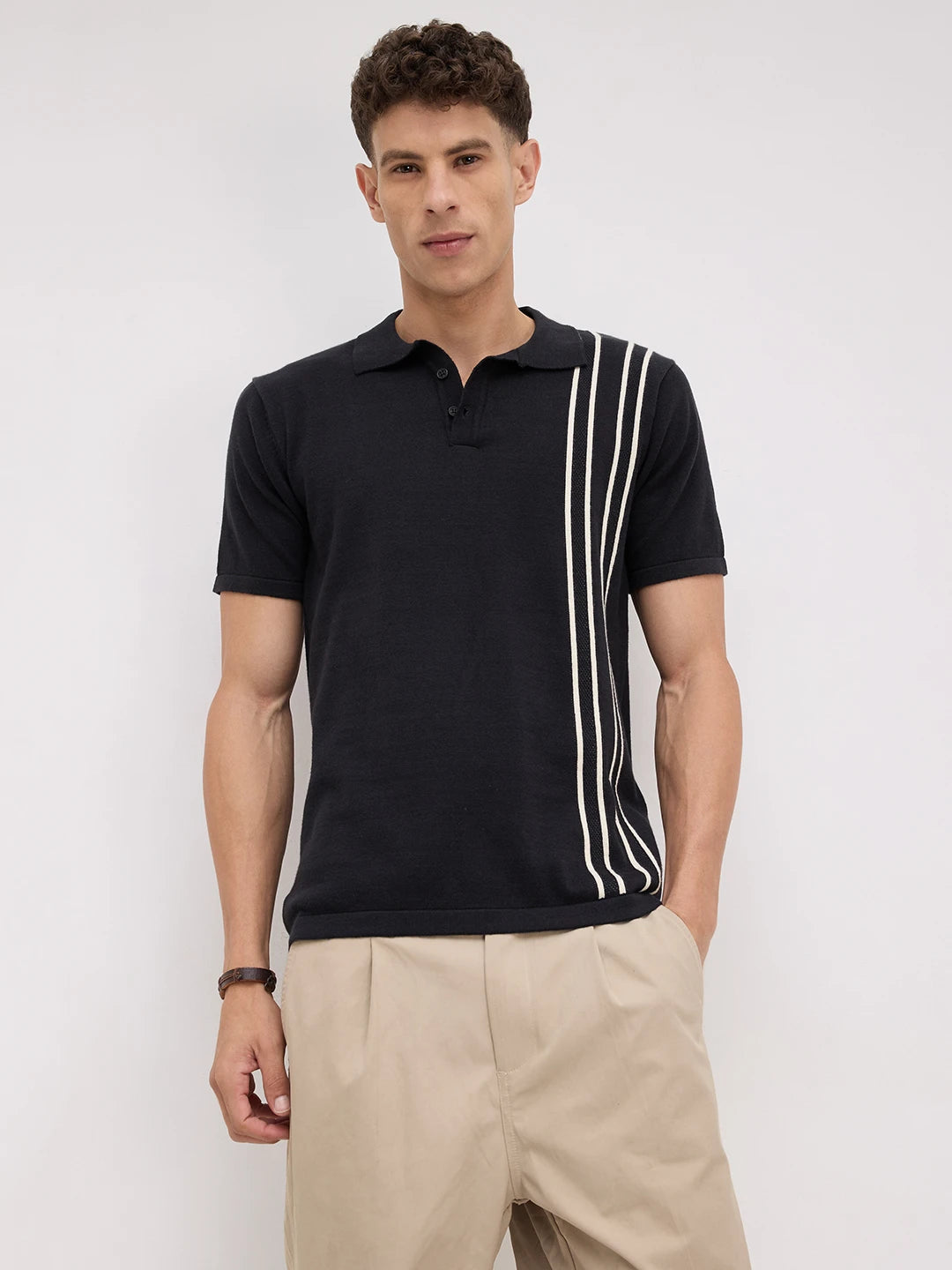 Black Contrast Vertical Striped Flat Knit Polo T-Shirt