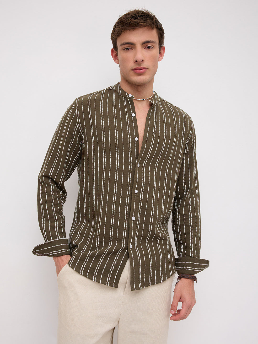 Olive & Ivory Striped Embroidered Mandarin Shirt