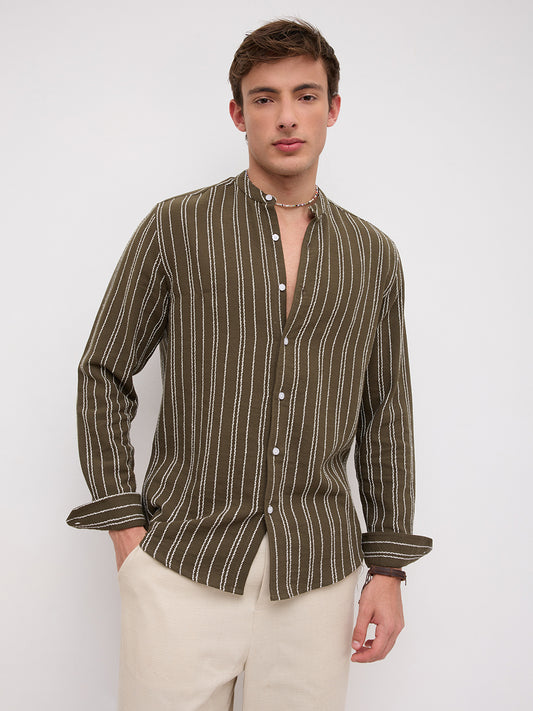 Olive & Ivory Striped Embroidered Mandarin Shirt