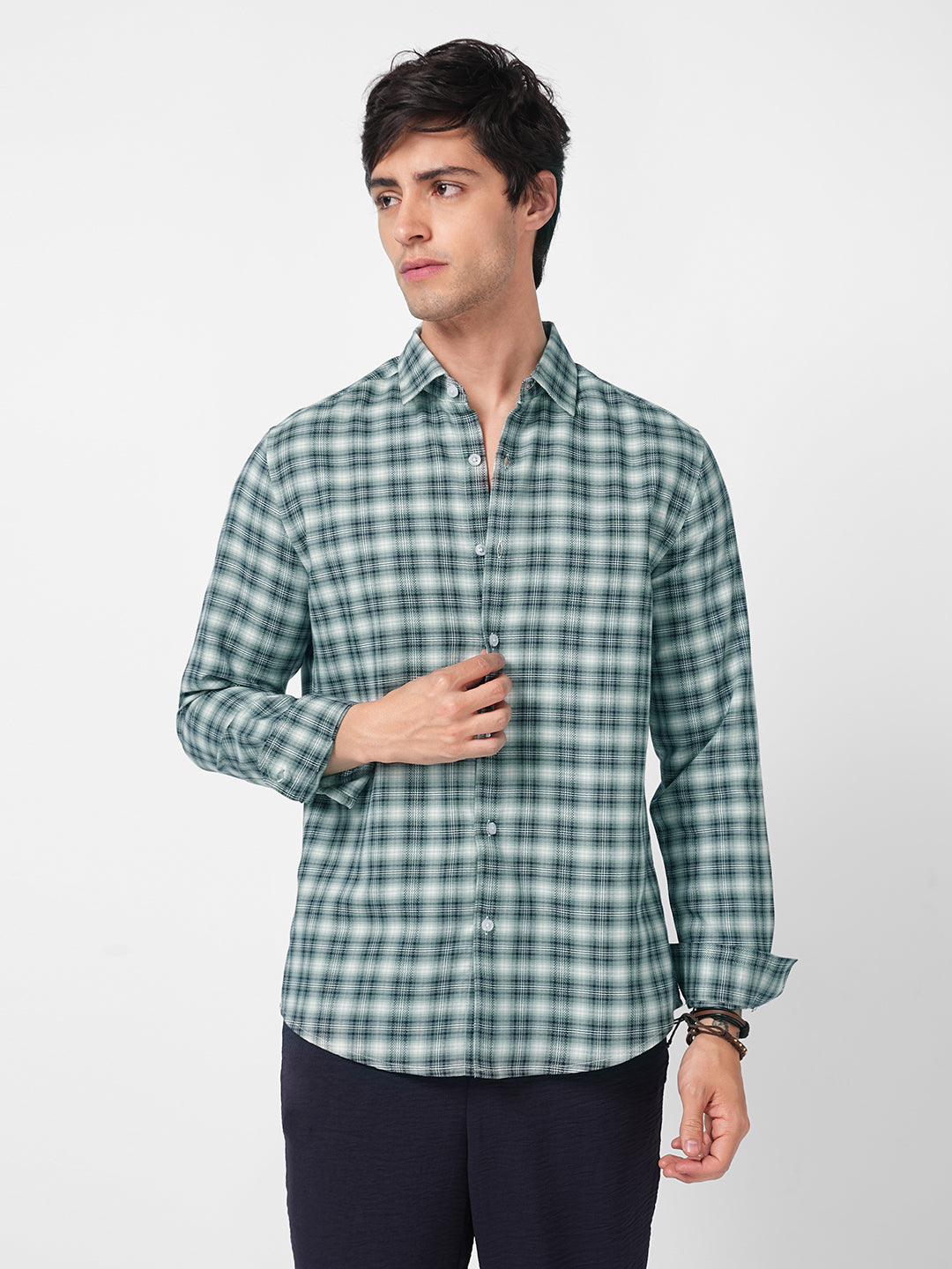 Green & Navy Refined Crossweave Checked Shirt