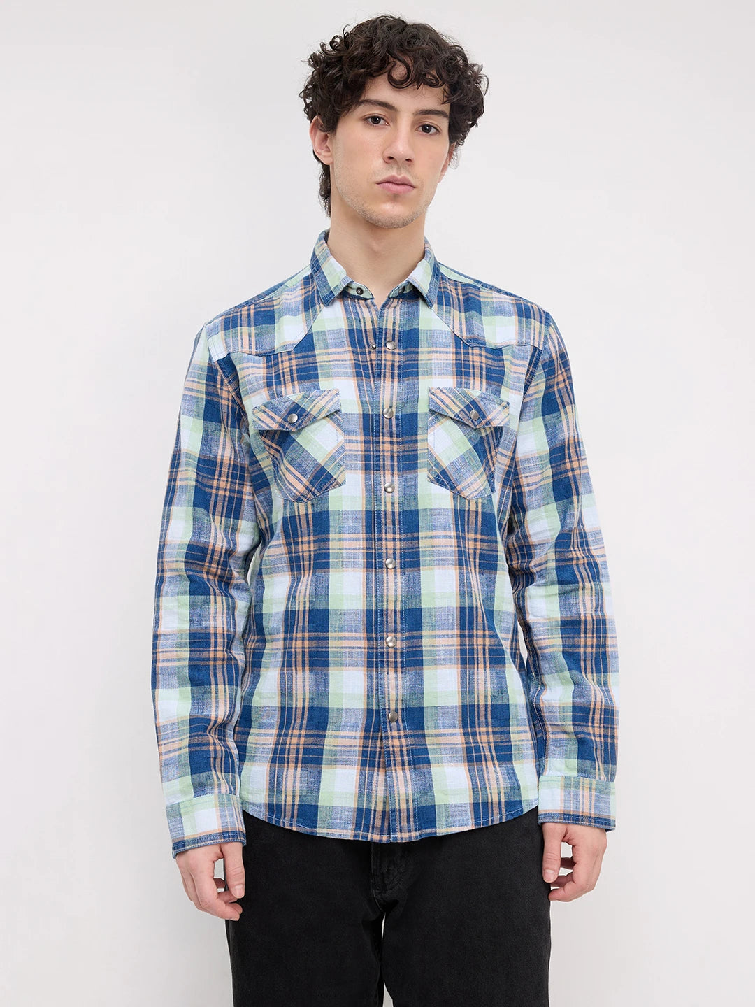 Luxe Denim Contrast Plaid Checks Twin Pocket Shirt
